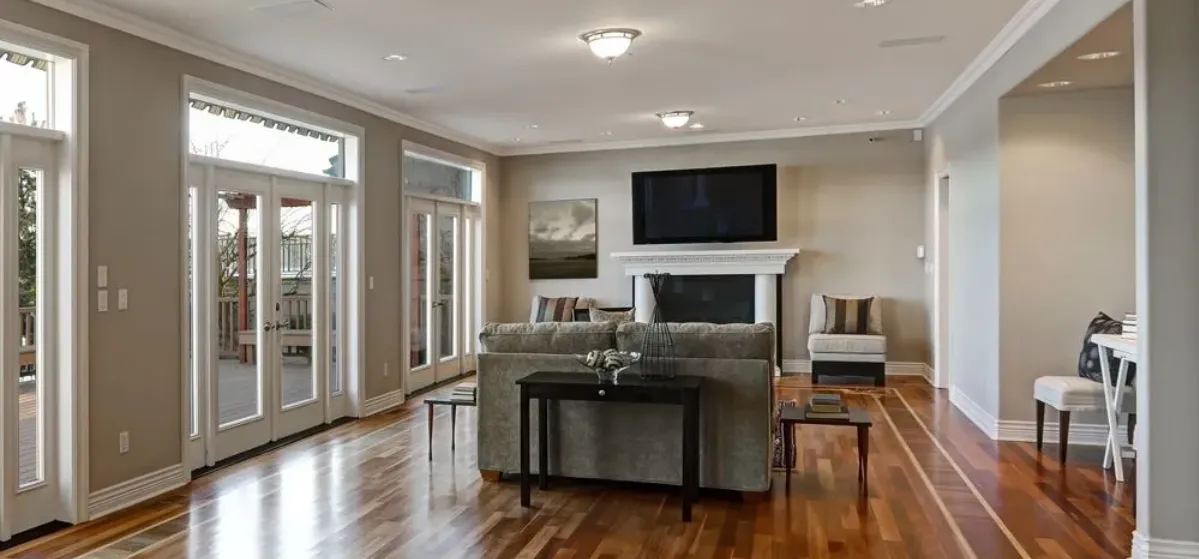 Hardwood flooring in a finished living room
